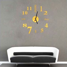 DIY Acrylic Creative 3D Stereo Mirror Wall Clock (Color: Gold)