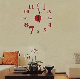 DIY Acrylic Creative 3D Stereo Mirror Wall Clock (Color: Red)