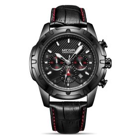 Waterproof Multifunctional Chronograph Luminous Leather Sports Quartz Watch (Color: Black)