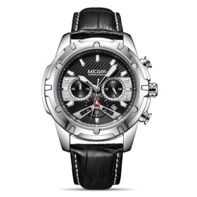 Waterproof Multifunctional Chronograph Luminous Leather Sports Quartz Watch (Color: Silver)