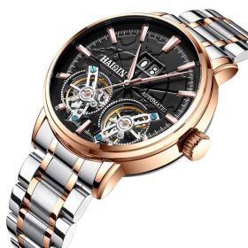 Men's Mechanical Automatic Double Tourbillon Watch Waterproof (Option: Steel belt-Rose gold black surface)