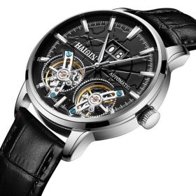 Men's Mechanical Automatic Double Tourbillon Watch Waterproof (Option: Leather strap-Stainless steel black surface)