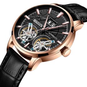 Men's Mechanical Automatic Double Tourbillon Watch Waterproof (Option: Leather strap-Rose gold black surface)