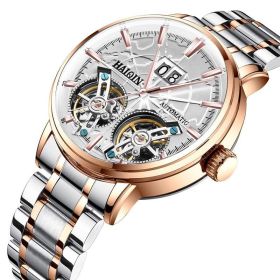 Men's Mechanical Automatic Double Tourbillon Watch Waterproof (Option: Steel belt-Rose gold white surface)