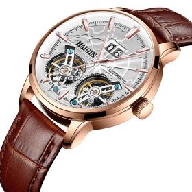 Men's Mechanical Automatic Double Tourbillon Watch Waterproof (Option: Leather strap-Rose gold white surface)