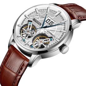 Men's Mechanical Automatic Double Tourbillon Watch Waterproof (Option: Leather strap-Stainless steel white surface)